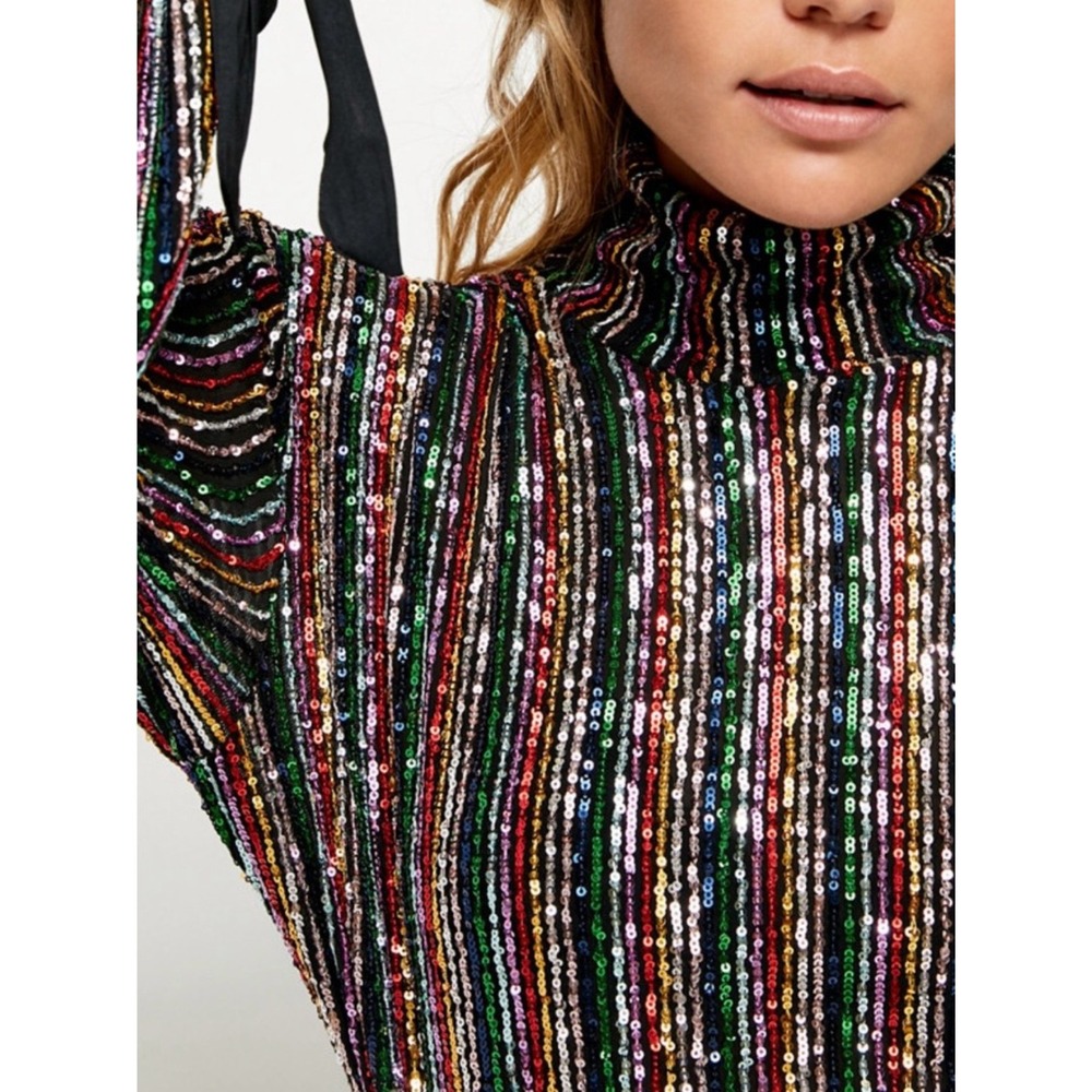 Free People Midnight City Rainbow Combo Sequin Mock Neck Top Size S NWT - Picture 3 of 12